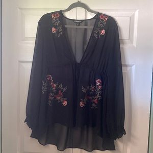 Express sheer hi-lo embroidered blouse size large black